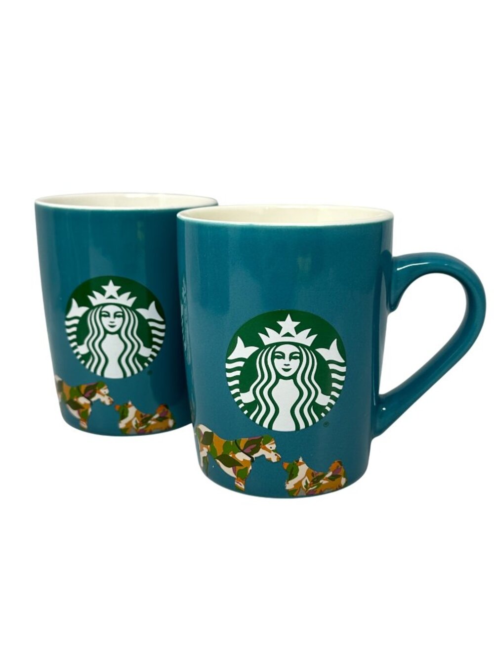 2020 Starbucks Camo Dog Teal Logo Mug 2 Pc Set Collie Lab Lovers 10 oz